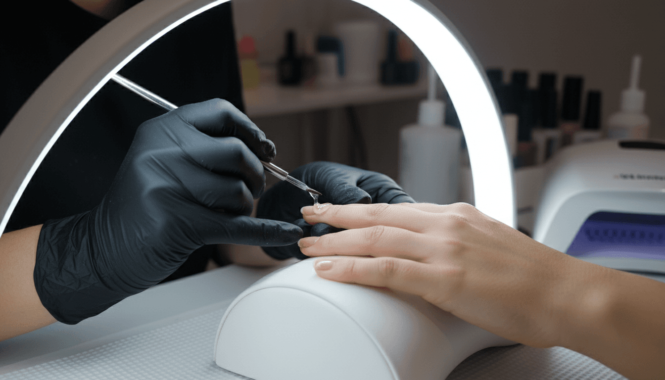 Nail artist carefully applying clear builder gel to a client's nail in a dimly lit studio