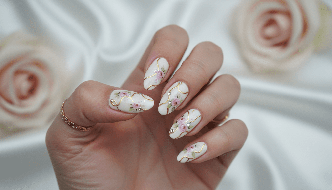 Close-up of intricate hand-painted nail art with gold lines and tiny floral motifs