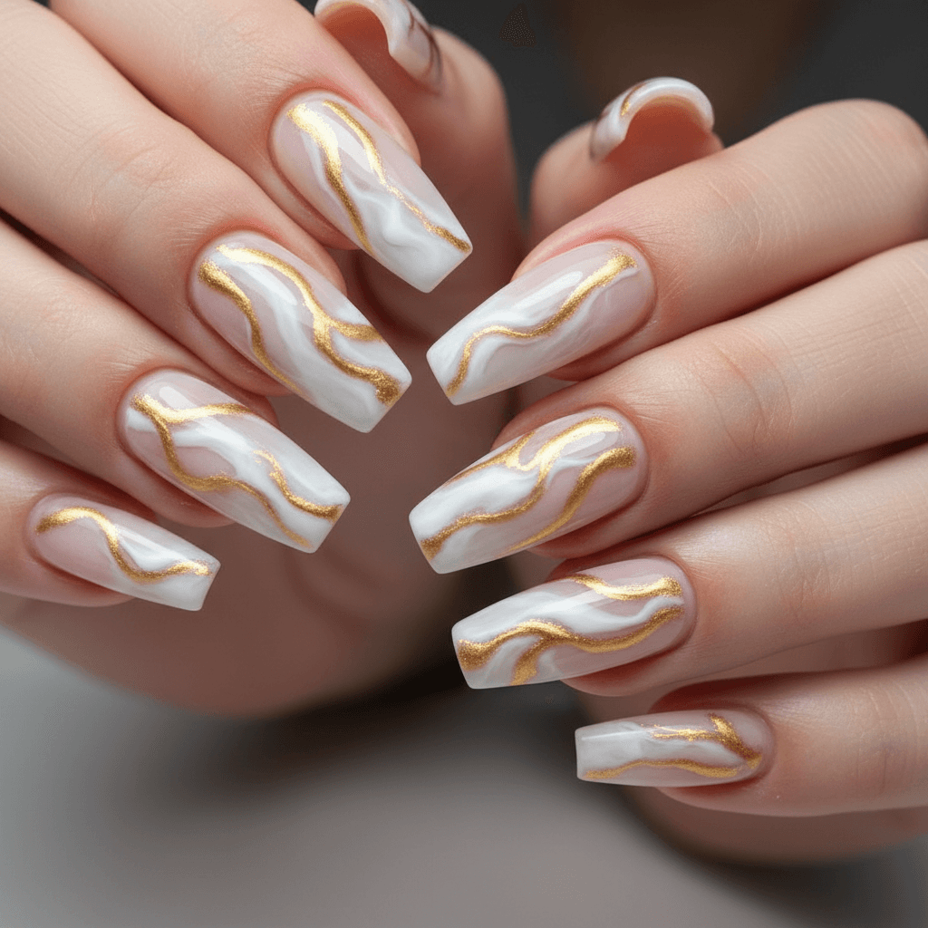 Abstract marble nail art with gold swirls
